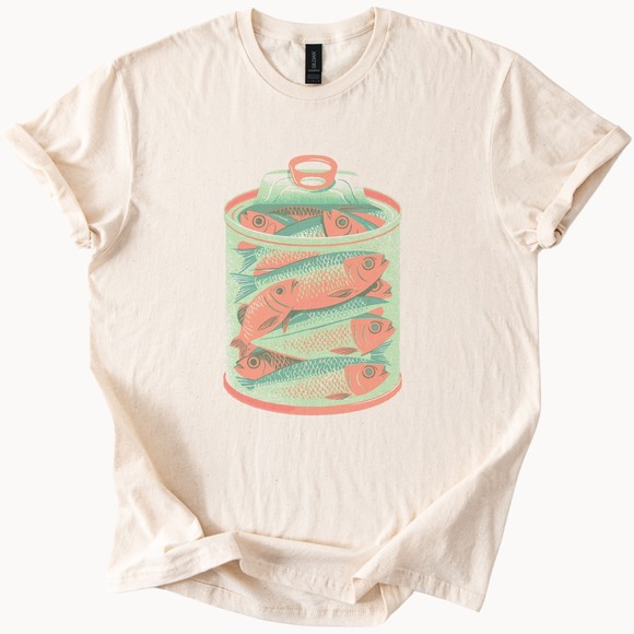 Gildan Tops - Linocut Style Sardines Vintage Style Retro Animal Tee